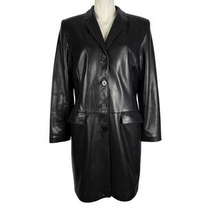 Danier Women's Black Leather Button Down Blazer Long Car Coat Lined Size L